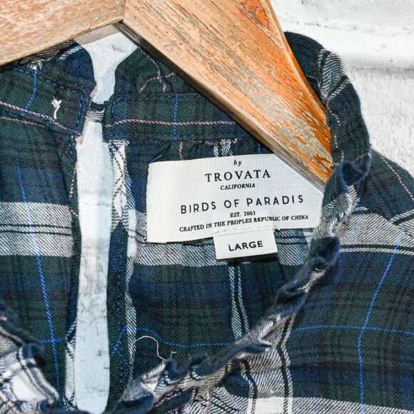 Trovata Birds of Paradis Mock Neck Blouse Green Plaid Cotton size Large - Picture 2 of 9